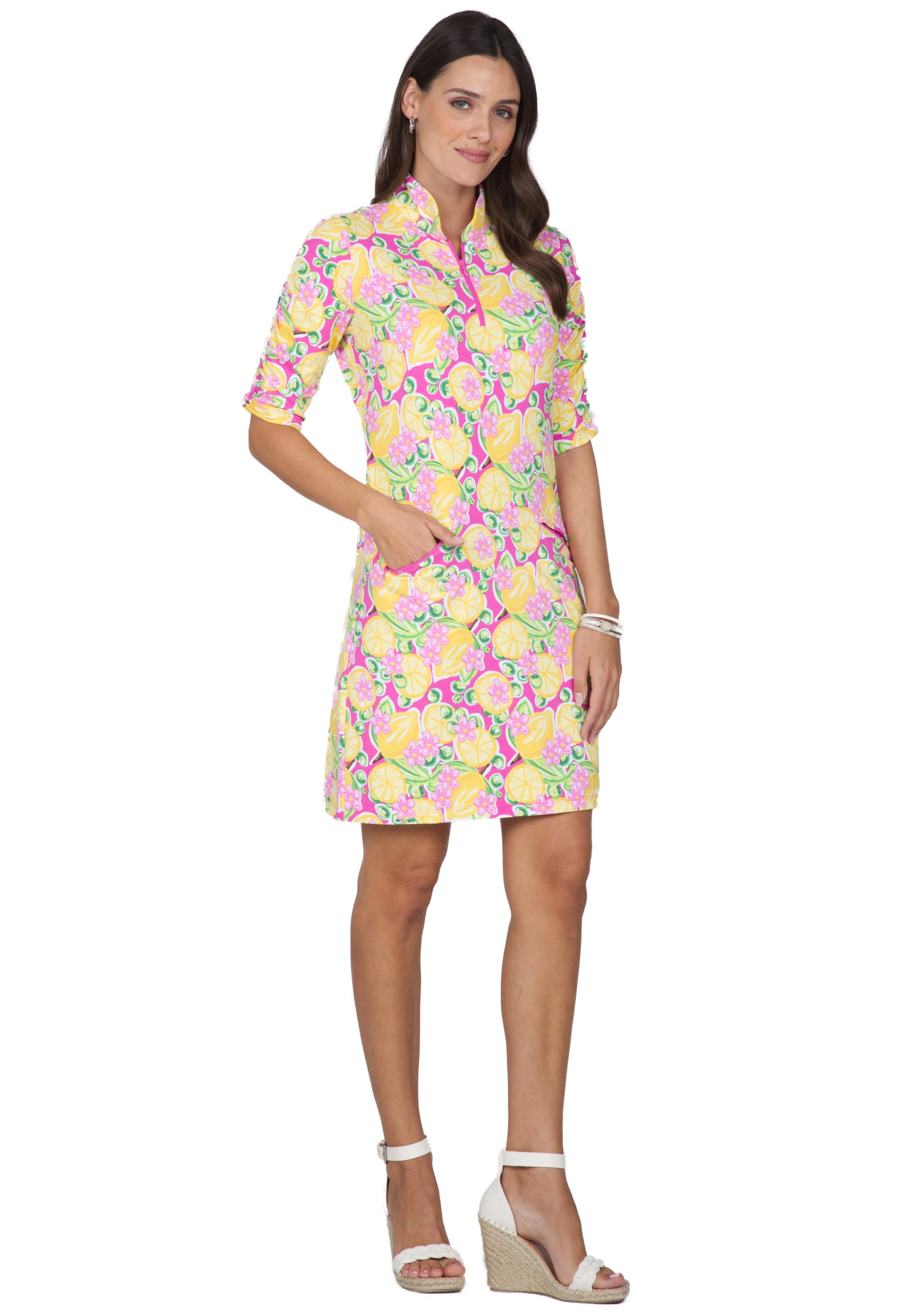 Calista Print Ruched Elbow Length Sleeve Dress - 40652